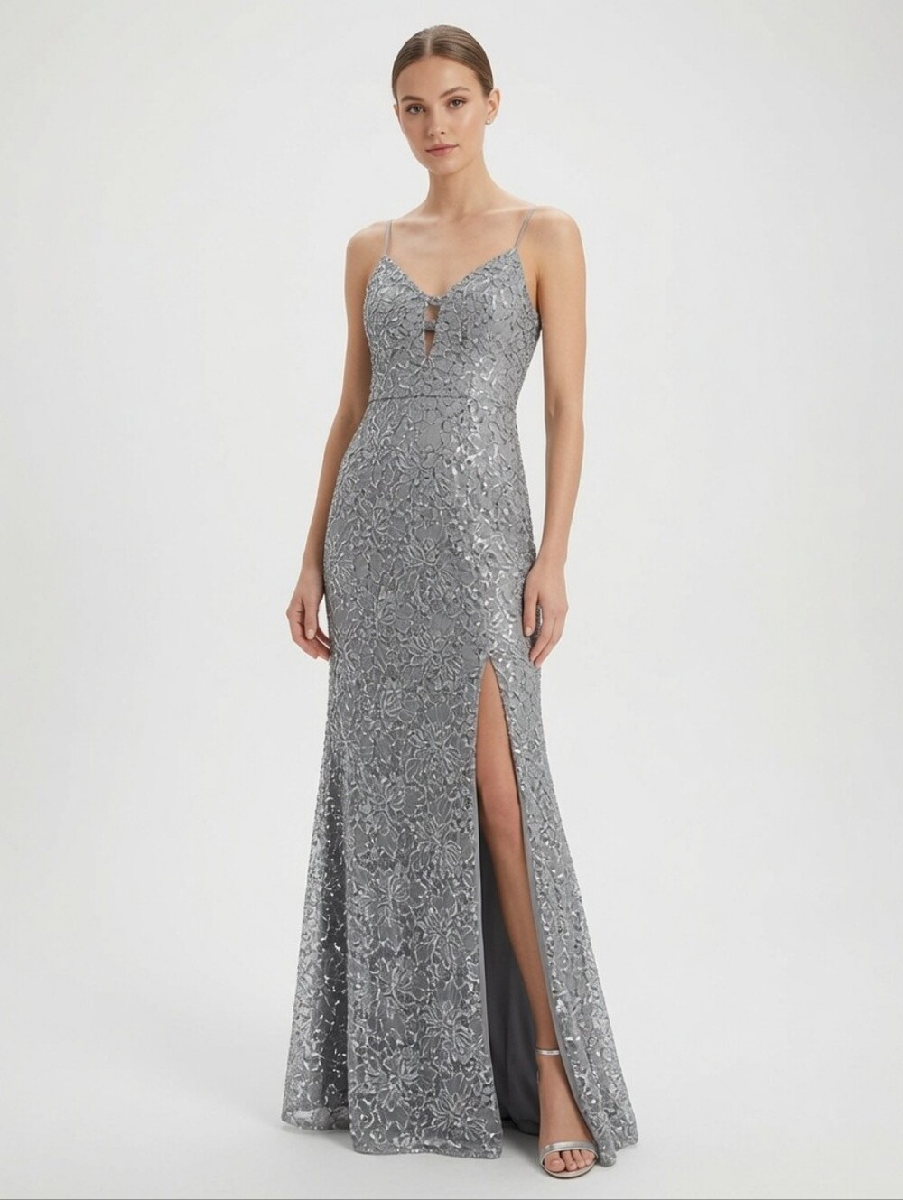 B Darlin 🩶Gray/Silver🩶Sequin Spaghetti Strap Prom/Evening Dress SZ 10